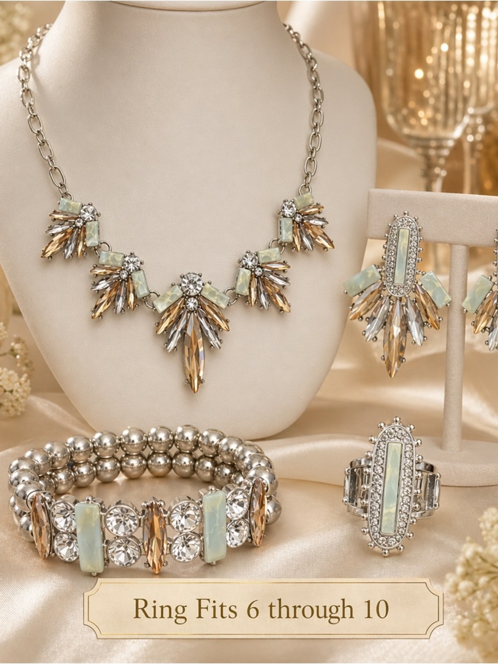 Paparazzi Silver Tone Statement Jewelry Set Ring Fits 6-10
